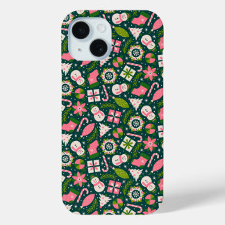 Feestelijk kerst-winterpatroon in groen iPhone 15 case
