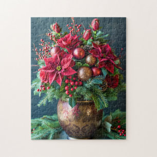 Feestelijk kerstboeket met dennen en poinsettia legpuzzel