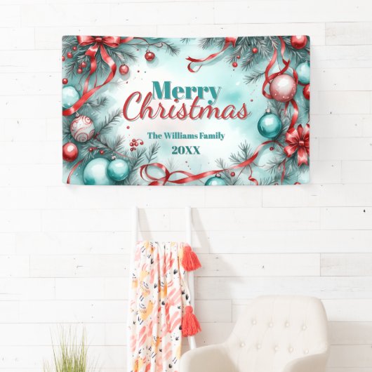 Feestelijk Kerstgroen Ornamenten Rode linten Spandoek (Insitu)