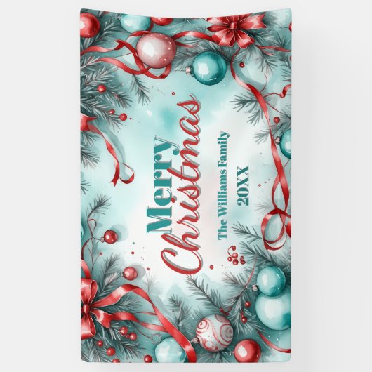 Feestelijk Kerstgroen Ornamenten Rode linten Spandoek (Verticaal)