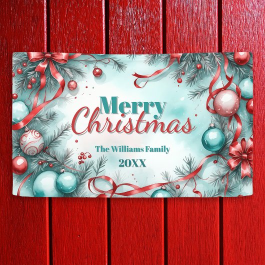 Feestelijk Kerstgroen Ornamenten Rode linten Spandoek