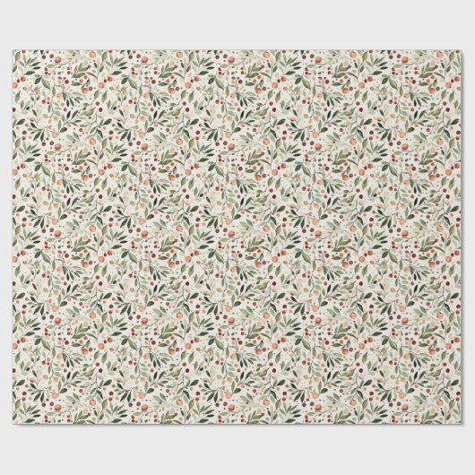 Feestelijk Kerstgroen Rode bessen Cadeaupapier (Vlak)