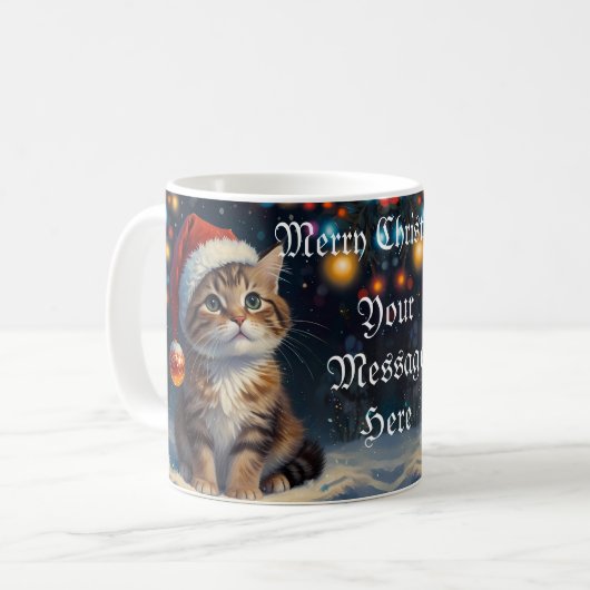 Feestelijk kerstkatje met kerstmuts koffiemok (Voorkant links)