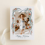 Feestelijk kerstlint met poinsettias folie feestdagenkaart<br><div class="desc">Stuur je familie en vrienden een familie-update en een boodschap van vakantie-juichen met deze kerstkaart met één foto met een trendy, met de hand getekende afbeelding van een stoffig blauw lint geaccentueerd met feestelijke takjes rode poinsettia-stippen, groen en metallic bessen met echte gouden folie. Traditionele lettertypen houden het design gevoel...</div>