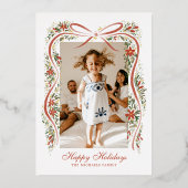 Feestelijk kerstlint met poinsettias folie feestdagenkaart (Voorkant)