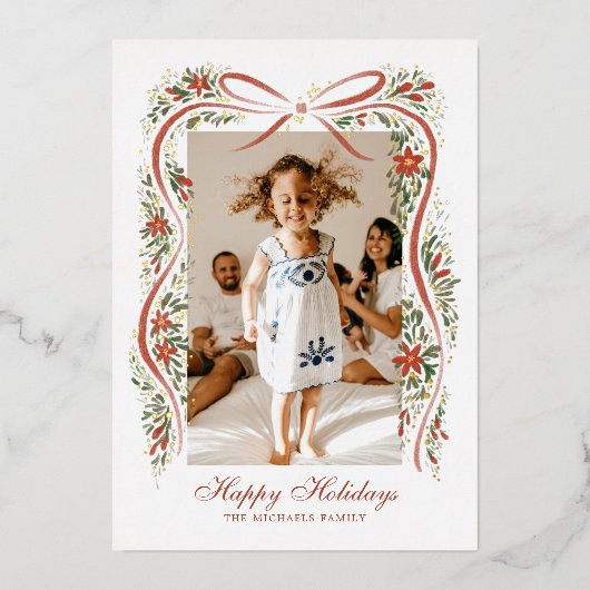 Feestelijk kerstlint met poinsettias folie feestdagenkaart (Voorkant)