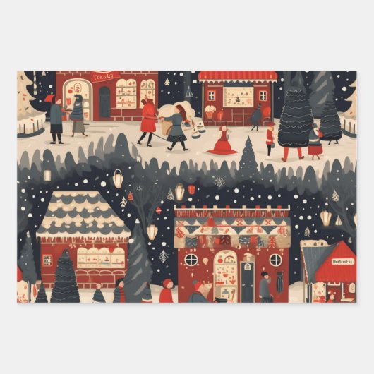 Feestelijk kerstmarktpatroon inpakpapier vel (Voorkant)