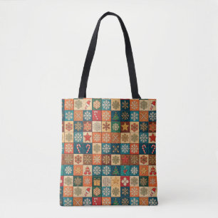 Feestelijk kerstmozaïekpatroon met sneeuwvlokken tote bag