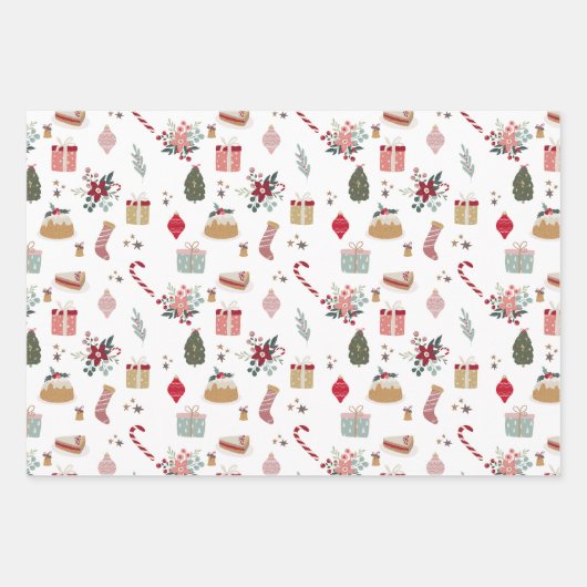 Feestelijk kerstpatroon met geschenken en Ornament Inpakpapier Vel (Voorkant 3)