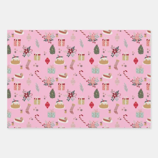 Feestelijk kerstpatroon met geschenken en Ornament Inpakpapier Vel (Voorkant)