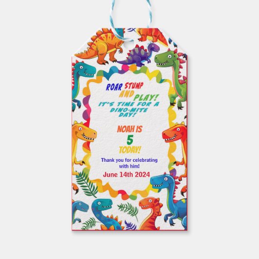 Feestelijk Kleurrijke Dinosaurus Verjaardagscadeau Cadeaulabel (Voorkant)