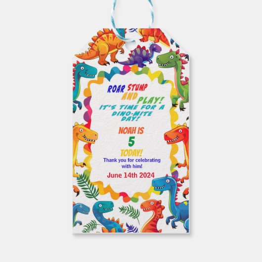 Feestelijk Kleurrijke Dinosaurus Verjaardagscadeau Cadeaulabel (Achterkant)