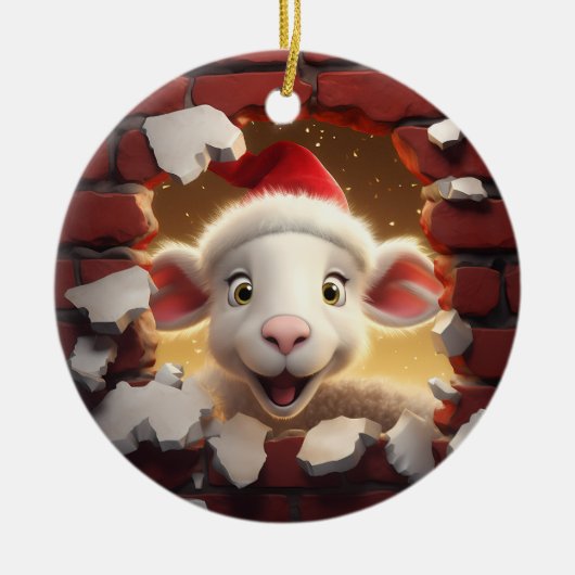 Feestelijk Lam in Santa Hat - 3D Keramisch Ornament (Voorkant)