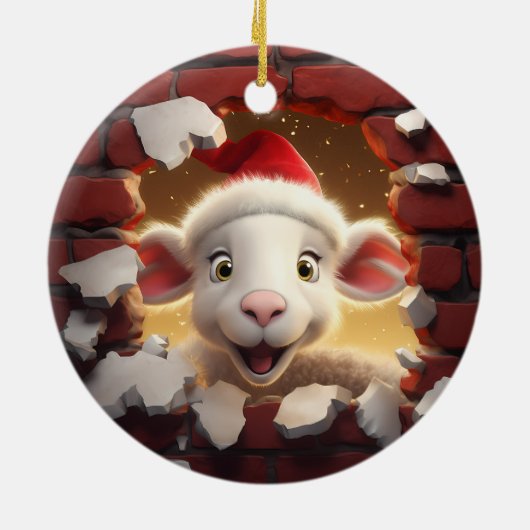 Feestelijk Lam in Santa Hat - 3D Keramisch Ornament (Achterkant)