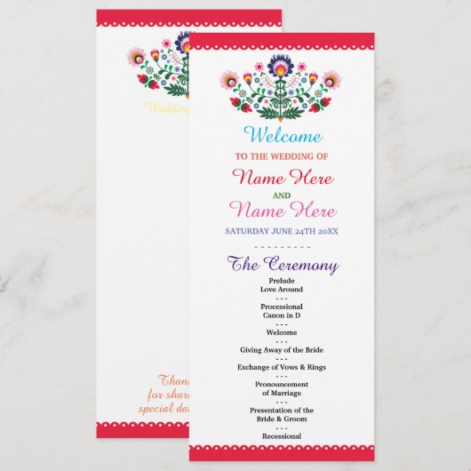 Feestelijk Mexicaans Bloemen Bruiloftsprogramma Programmakaart (Voorkant / Achterkant)