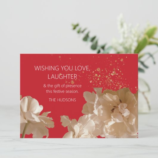 Feestelijk Modern | Rood & Goud Stofbloemen Kerstm Feestdagenkaart (Staand voorkant)