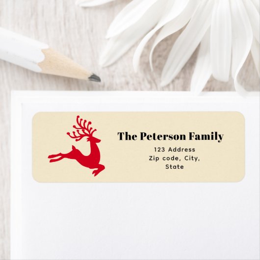 Feestelijk Modern Rood Rendier Springen op Cream Etiket (Insitu)