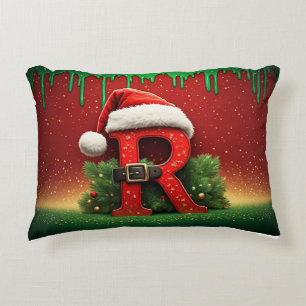 Feestelijk Monogram R Ornament met Kerstmannenhoed Accent Kussen