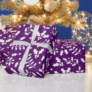 Feestelijk paars & wit kerst-holly patroon cadeaupapier