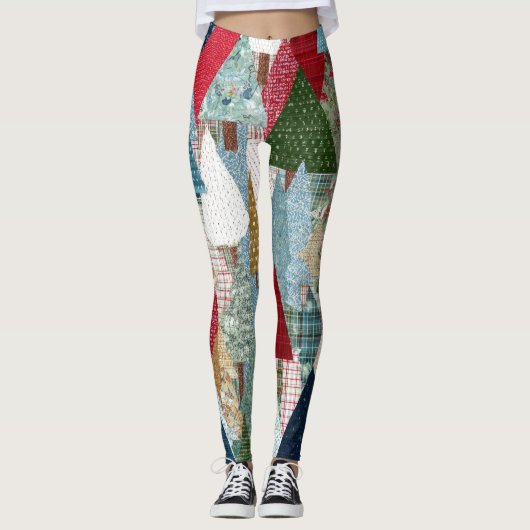 Feestelijk Patchwork Kerstboom Patroon Leggings (Voorkant)