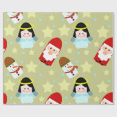 Feestelijk patroon met engelen, kerstman en sneeuw cadeaupapier (Vlak)