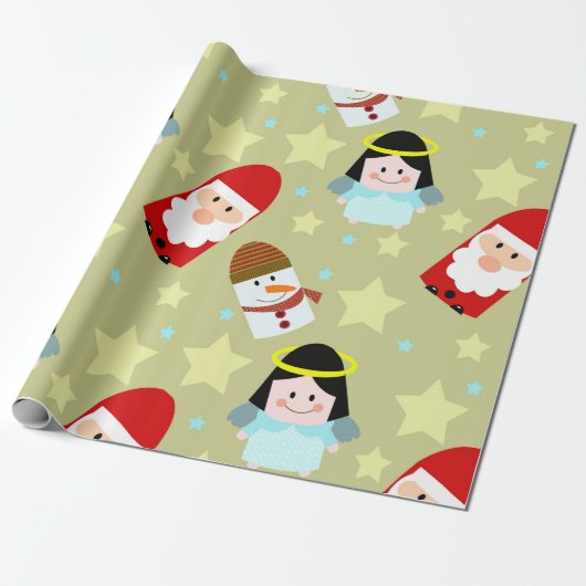 Feestelijk patroon met engelen, kerstman en sneeuw cadeaupapier (Uitgerold)