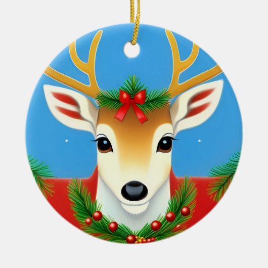 Feestelijk rendier met Holiday Wreath Keramisch Ornament (Voorkant)