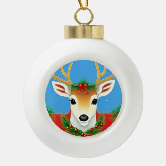 Feestelijk rendier met Holiday Wreath Keramische Bal Ornament (Voorkant)
