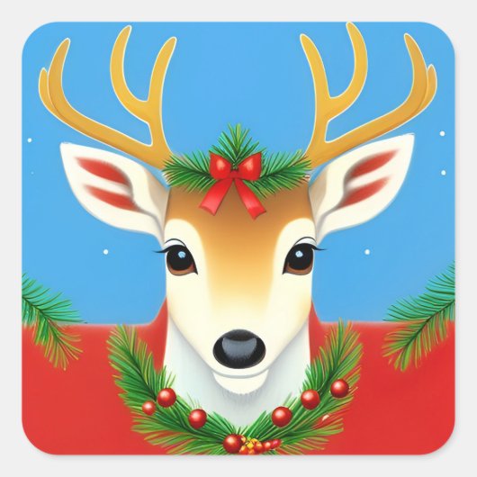Feestelijk rendier met Holiday Wreath Vierkante Sticker (Voorkant)