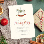 Feestelijk Rocking Paard Kerstfeest Kaart<br><div class="desc">Festive Holiday Party Invitation with a rocking horse Kerstnament,  whimsical script font and a striped backer in red,  Ideaal voor een paardenfeestdag,  een barnfeest of een andere feestdag. Volledig aanpasbare sjabloon voor tekst om uw gebeurtenis te passen!</div>