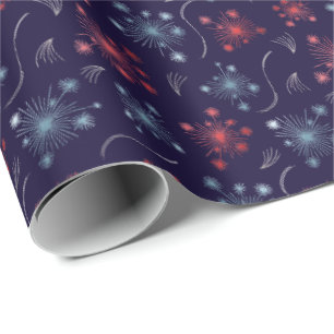 Feestelijk rood, blauw en zilver vuurwerk ontwerp cadeaupapier