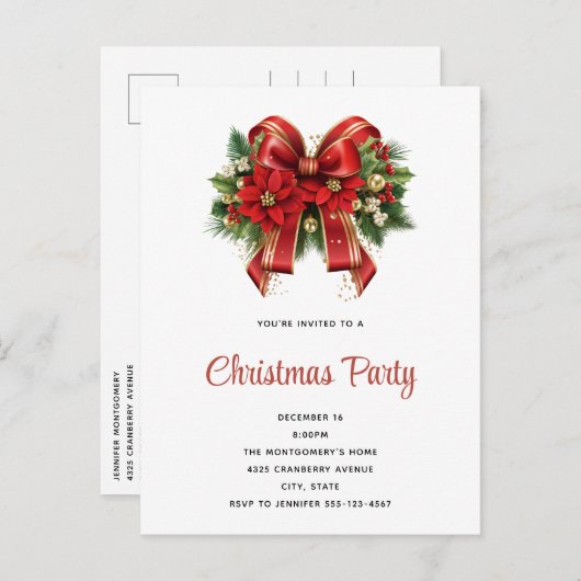 Feestelijk rood en goud Kerstmis Bow Party Uitnodiging Briefkaart (Voorkant / Achterkant)