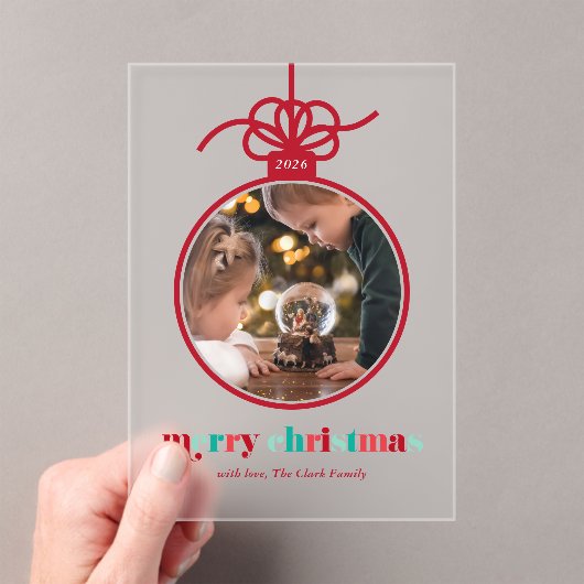 Feestelijk rood en groen belettering Ornament Foto Acryl Uitnodigingen (Insitu (Draagbaar))