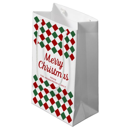 Feestelijk rood en groen gecontroleerd vrolijk ker klein cadeauzakje (Voorkant Gekanteld)