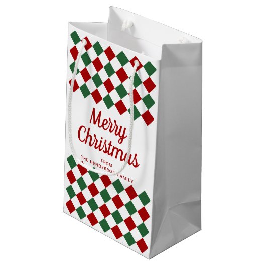 Feestelijk rood en groen gecontroleerd vrolijk ker klein cadeauzakje (Achterkant Gekanteld)