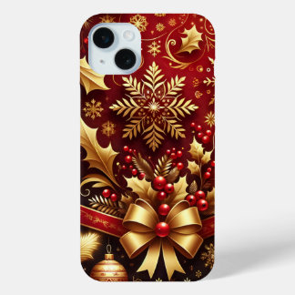 FEESTELIJK ROOD & GOUD KERST SNEEUWVLOKKEN HOLLY iPhone 15 MINI HOESJE