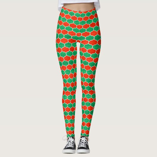Feestelijk rood groen kerst Ogee patroon Leggings (Voorkant)