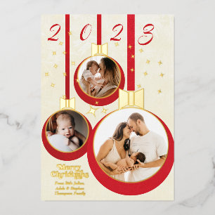 Feestelijk rood Onze eerste Kerstmis 3 fotocollage Folie Feestdagenkaart