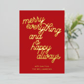 Feestelijk rood script vrolijk alles kerstgoud folie feestdagenkaart (Staand Voorkant)