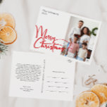 Feestelijk rood script Vrolijk Kerstfeest Een foto Feestdagenkaart<br><div class="desc">Vier het seizoen met dit feestelijke rode script Merry Christmas one foto vakantie briefkaart met een vleugje elegante charme. Het chique ontwerp toont een eenvoudig rood-wit kleurenpalet, dat de gezellige sfeer van de winter oproept. De moderne en unieke aantrekkingskracht en rustieke bewoording creëer zorgt voor een perfecte balans tussen seizoensgebonden...</div>