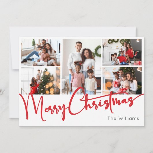 Feestelijk rood script Vrolijk Kerstfeest Vijf Fot Feestdagenkaart (Voorkant)