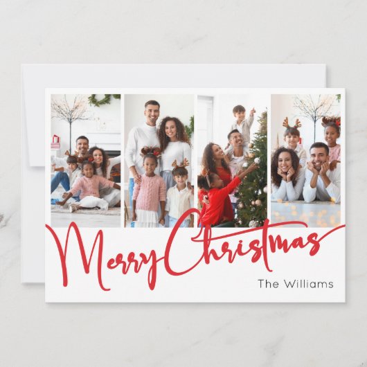 Feestelijk rood script Vrolijk Kerstfeest Zeven Fo Feestdagenkaart (Voorkant)