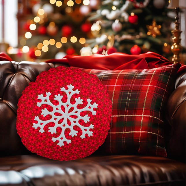 Feestelijk rood sneeuwvlok decoratief accent rond kussen (Classic Red and White Snowflake Round Decorative Pillow)