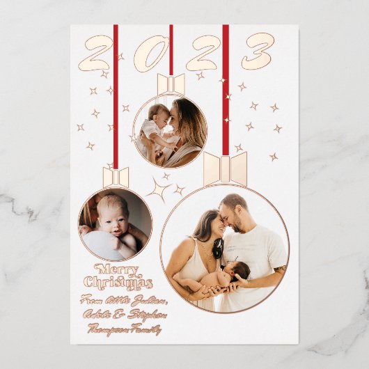 Feestelijk Rood Wit Eerste Kerstmis 3 Fotocollage Folie Feestdagenkaart (Voorkant)