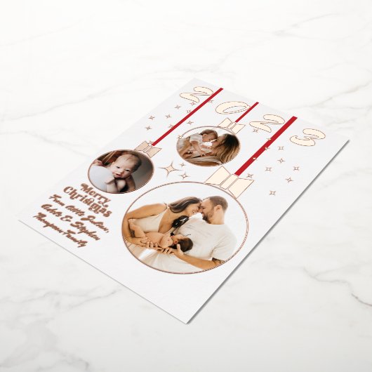 Feestelijk Rood Wit Eerste Kerstmis 3 Fotocollage Folie Feestdagenkaart (Gedraaid)