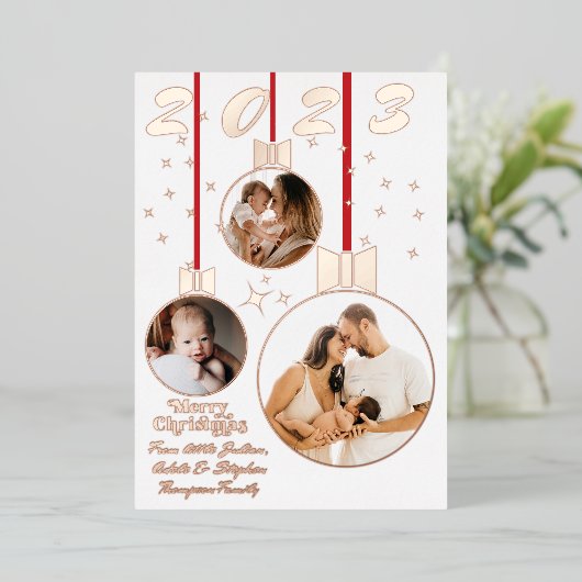 Feestelijk Rood Wit Eerste Kerstmis 3 Fotocollage Folie Feestdagenkaart (Staand Voorkant)