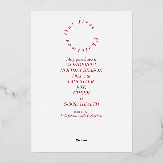 Feestelijk Rood Wit Eerste Kerstmis 3 Fotocollage Folie Feestdagenkaart (Achterkant)