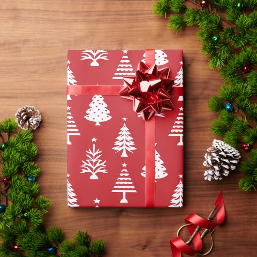 Feestelijk rood-wit kerstboompatroon cadeaupapier (Feestdagen Geschenken)