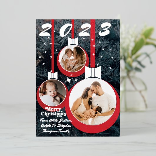 Feestelijk Rood Zwart Eerste Kerstmis 3 Fotocollag Folie Feestdagenkaart (Staand Voorkant)