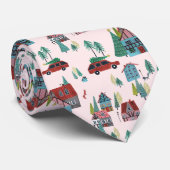 Feestelijk Roze Dorp & Car Tree Retro Kerstmis Stropdas (Opgerold)